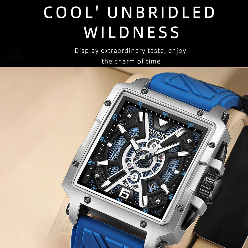 YASHIDUN 5071 Stylish Square Quartz Watch Silicone Strap Men Luminous Wrist Watch - Gold Dial / Black Strap - 3