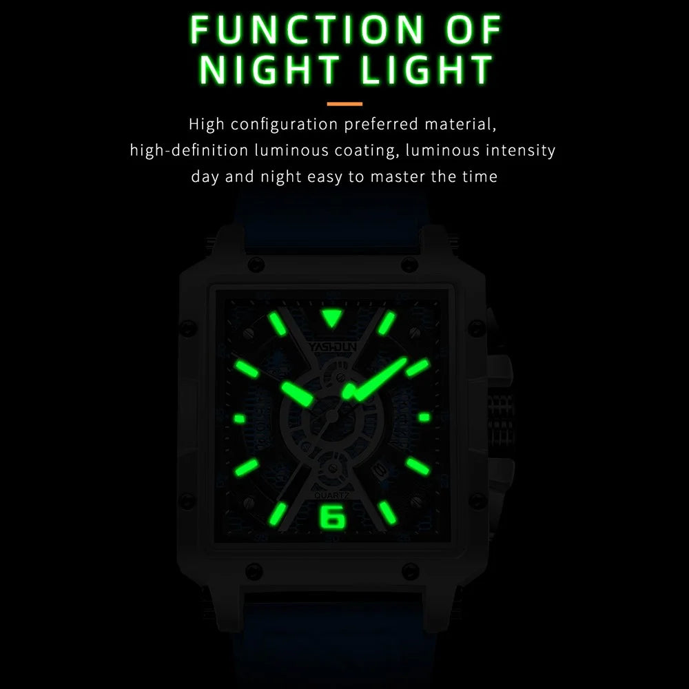 YASHIDUN 5071 Stylish Square Quartz Watch Silicone Strap Men Luminous Wrist Watch - Gold Dial / Black Strap - 5