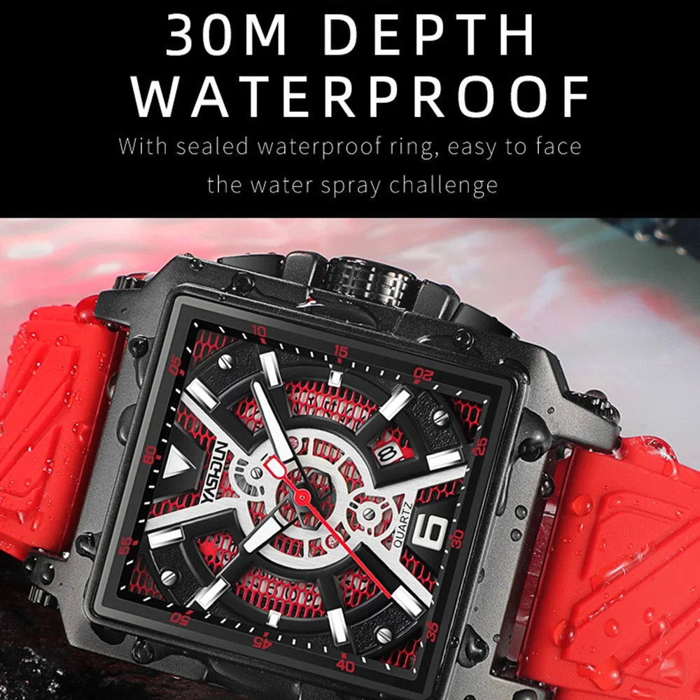 YASHIDUN 5071 Stylish Square Quartz Watch Silicone Strap Men Luminous Wrist Watch - Gold Dial / Black Strap - 6