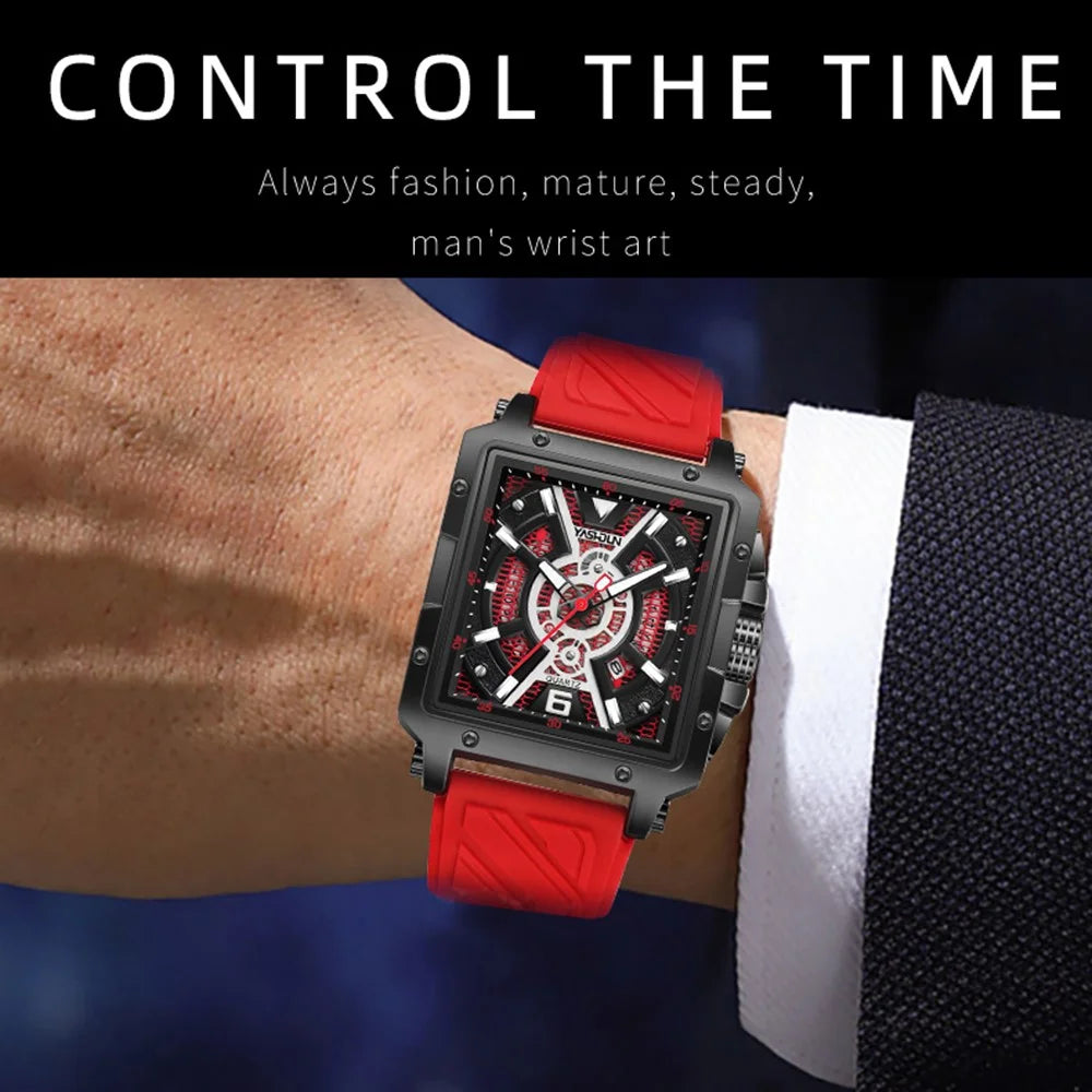 YASHIDUN 5071 Stylish Square Quartz Watch Silicone Strap Men Luminous Wrist Watch - Gold Dial / Black Strap - 7