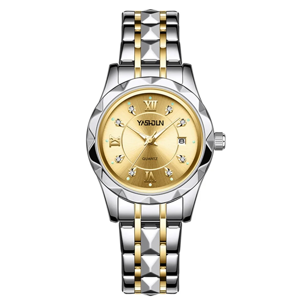 YASHIDUN 5064 Stylish Women Quartz Watch Steel Strap Luminous Calendar Wrist Watch - Gold Dial / Silver+Gold Strap - 1
