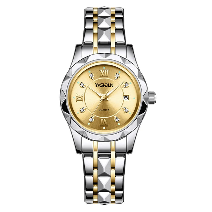 YASHIDUN 5064 Stylish Women Quartz Watch Steel Strap Luminous Calendar Wrist Watch - Gold Dial / Silver+Gold Strap - 1