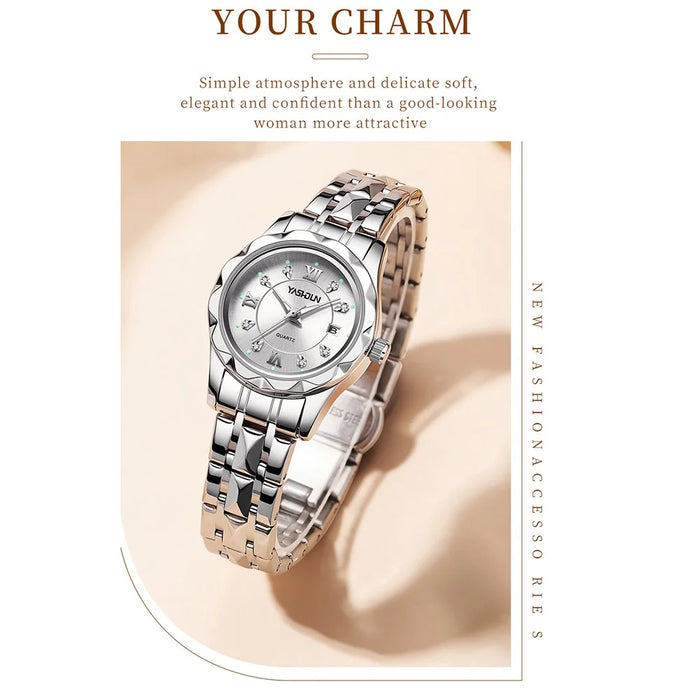 YASHIDUN 5064 Stylish Women Quartz Watch Steel Strap Luminous Calendar Wrist Watch - Gold Dial / Silver+Gold Strap - 3