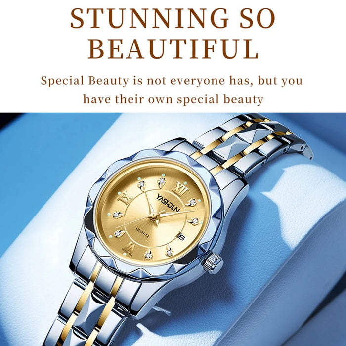 YASHIDUN 5064 Stylish Women Quartz Watch Steel Strap Luminous Calendar Wrist Watch - Gold Dial / Silver+Gold Strap - 4