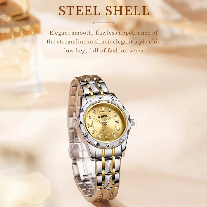 YASHIDUN 5064 Stylish Women Quartz Watch Steel Strap Luminous Calendar Wrist Watch - Gold Dial / Silver+Gold Strap - 5