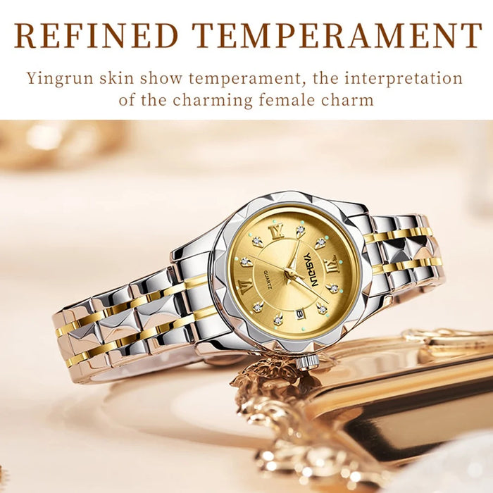 YASHIDUN 5064 Stylish Women Quartz Watch Steel Strap Luminous Calendar Wrist Watch - Gold Dial / Silver+Gold Strap - 6