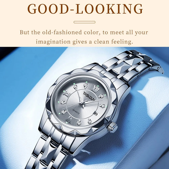 YASHIDUN 5064 Stylish Women Quartz Watch Steel Strap Luminous Calendar Wrist Watch - Gold Dial / Silver+Gold Strap - 7