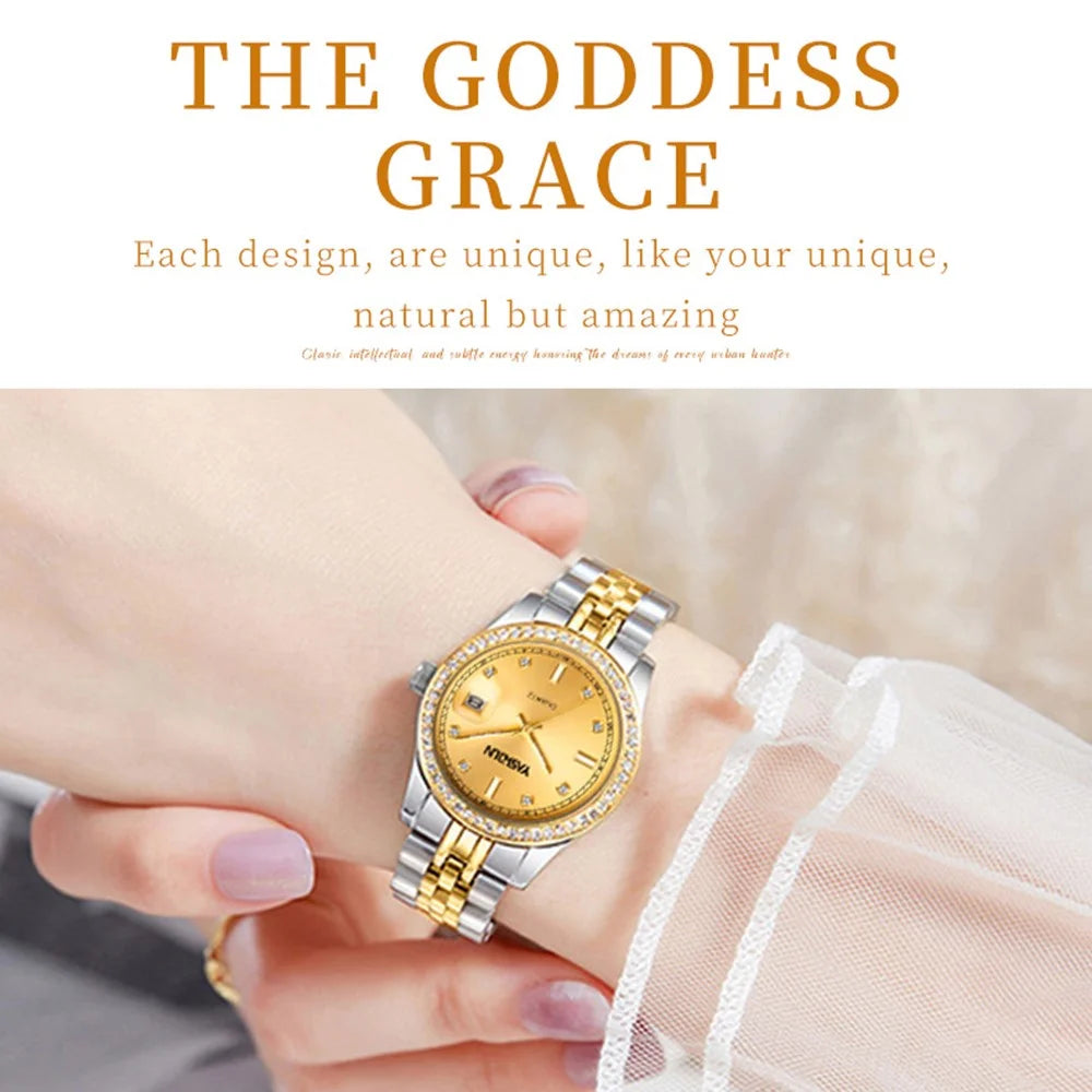 YASHIDUN 5068 Stylish Women Quartz Watch Steel Strap Rhinestone Decor Luminous Watch - White Dial - 5