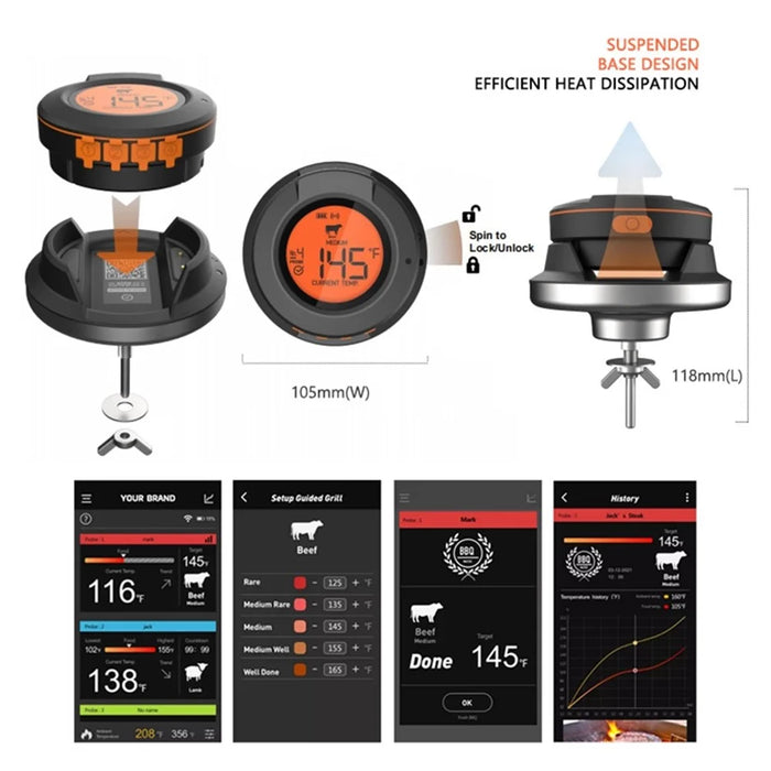 AT-02 Bluetooth-compatible BBQ Meat Thermometer Wireless Digital Grill Thermometer with LCD Display (No FDA, BPA Free) - 6