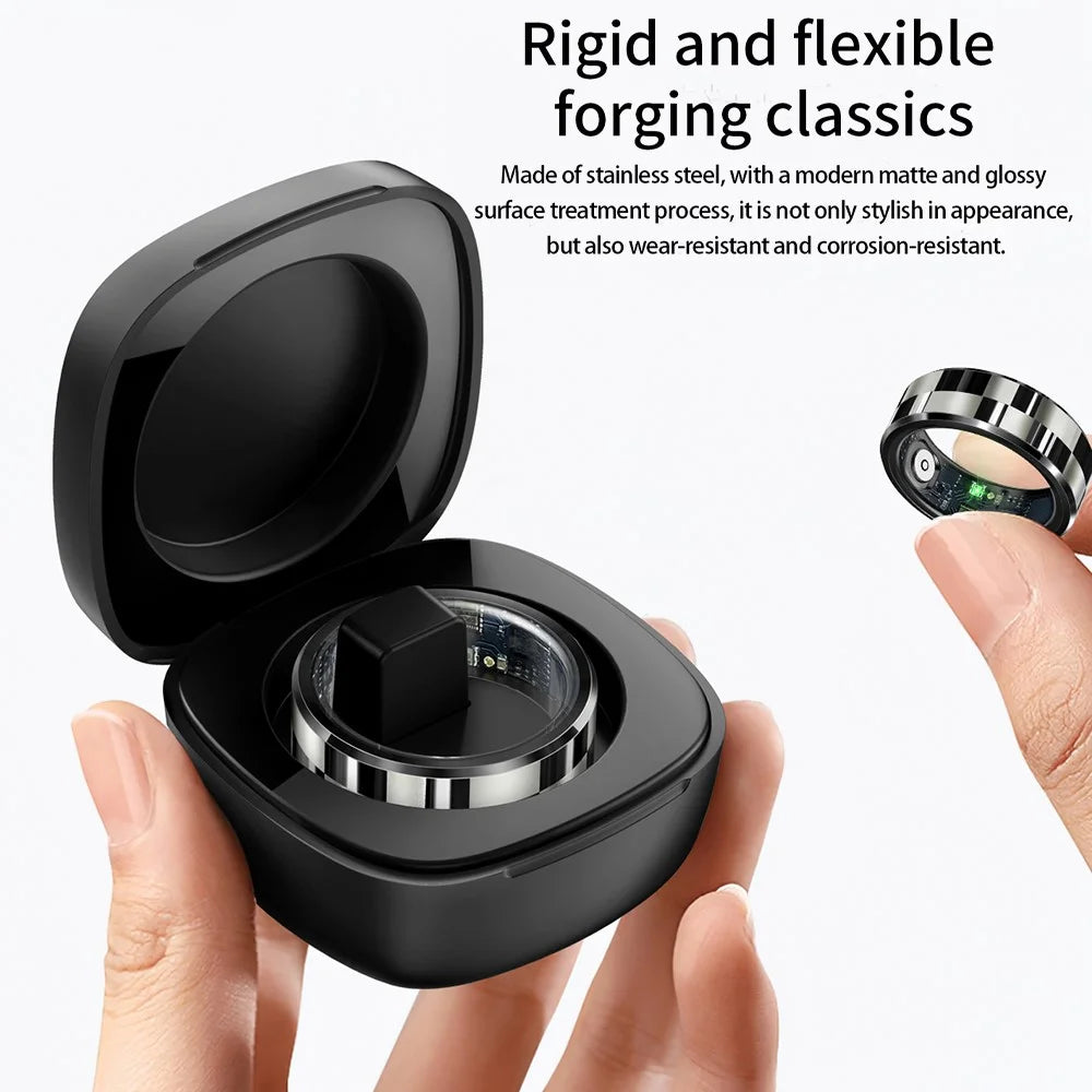 R9 Multifunctional Stainless Steel Smart Ring Heart Rate Blood Oxygen Sleep Monitoring Ring with Charging Case - Black / Size 8 - 3