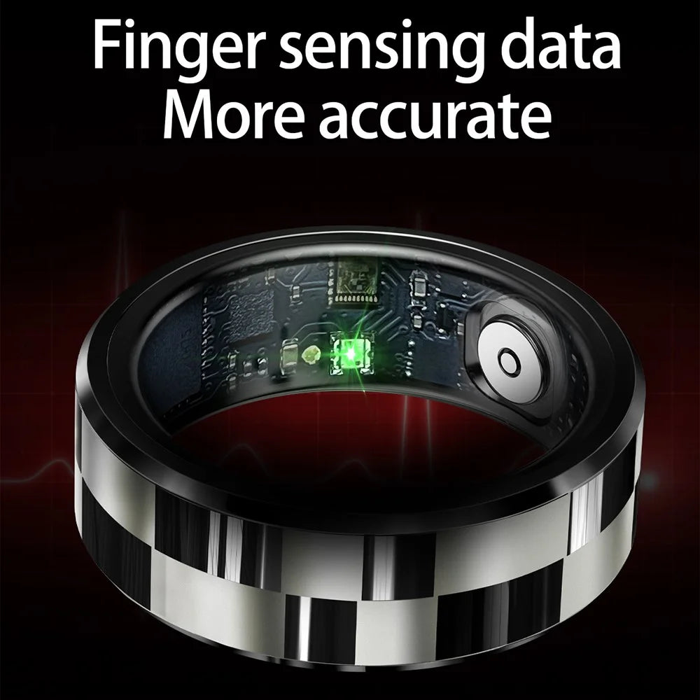 R9 Multifunctional Stainless Steel Smart Ring Heart Rate Blood Oxygen Sleep Monitoring Ring with Charging Case - Black / Size 8 - 5