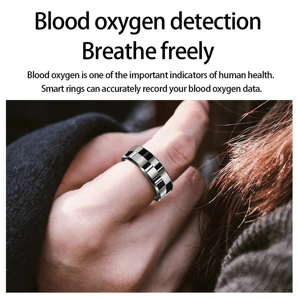R9 Multifunctional Stainless Steel Smart Ring Heart Rate Blood Oxygen Sleep Monitoring Ring with Charging Case - Black / Size 8 - 7