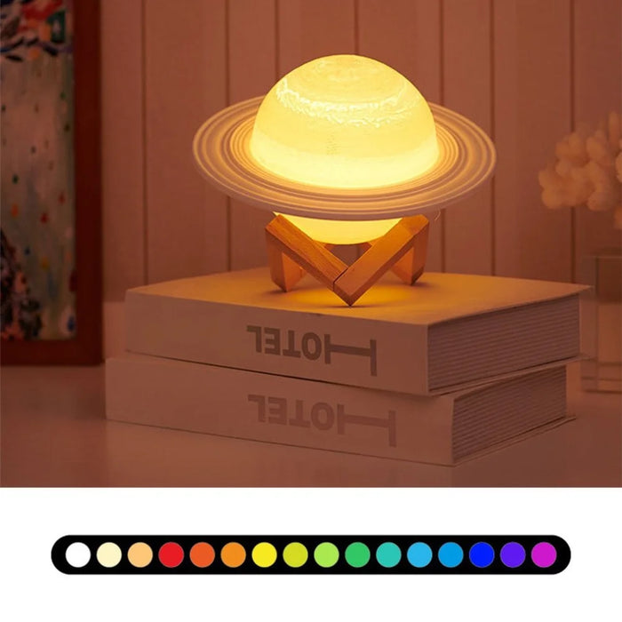 13cm Saturn Lamp with Wood Stand 16 Colors LED 3D Print Decor USB Rechargeable Remote & Touch Control Nursery Night Light - 2