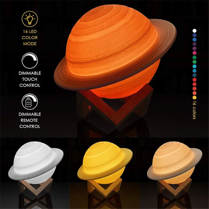 13cm Saturn Lamp with Wood Stand 16 Colors LED 3D Print Decor USB Rechargeable Remote & Touch Control Nursery Night Light - 3