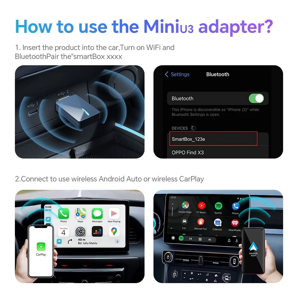 Mini U3 Plug and Play USB Car Wired to Wireless Carplay Adapter Dongle - 3