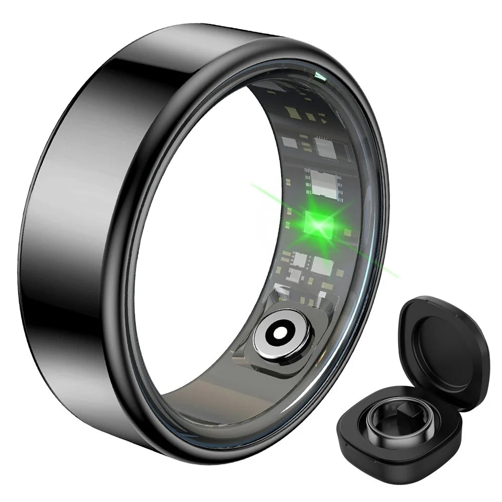 R99 Smart Ring Heart Rate Blood Oxygen Sleep Monitoring Finger Ring with Charging Case - Black / #7 / 17.4mm - 1