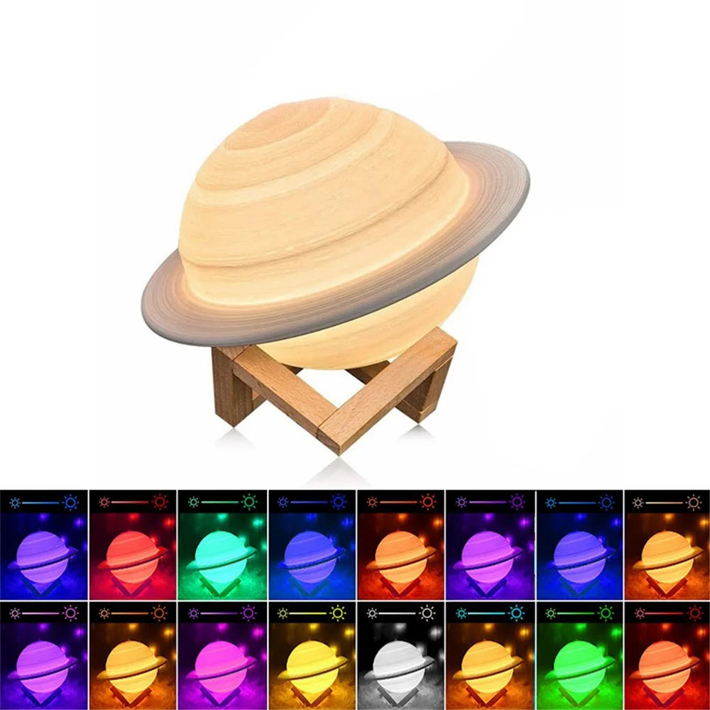 22cm Saturn Lamp with Wood Stand 16 Colors LED 3D Print Decor USB Rechargeable Remote & Touch Control Nursery Night Light - 1