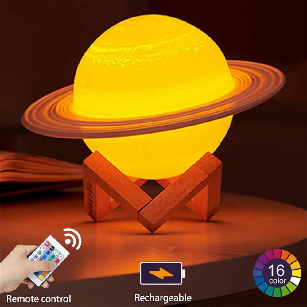 22cm Saturn Lamp with Wood Stand 16 Colors LED 3D Print Decor USB Rechargeable Remote & Touch Control Nursery Night Light - 2