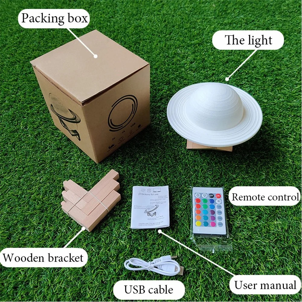 22cm Saturn Lamp with Wood Stand 16 Colors LED 3D Print Decor USB Rechargeable Remote & Touch Control Nursery Night Light - 5