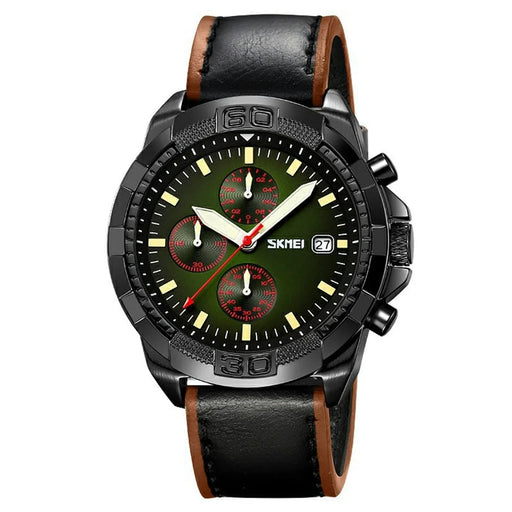 SKMEI 9347 Stylish Men Leather Strap Luminous Calendar Quartz Watch - Black Strap / Green Dial - 1