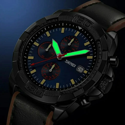 SKMEI 9347 Stylish Men Leather Strap Luminous Calendar Quartz Watch - Black Strap / Green Dial - 2