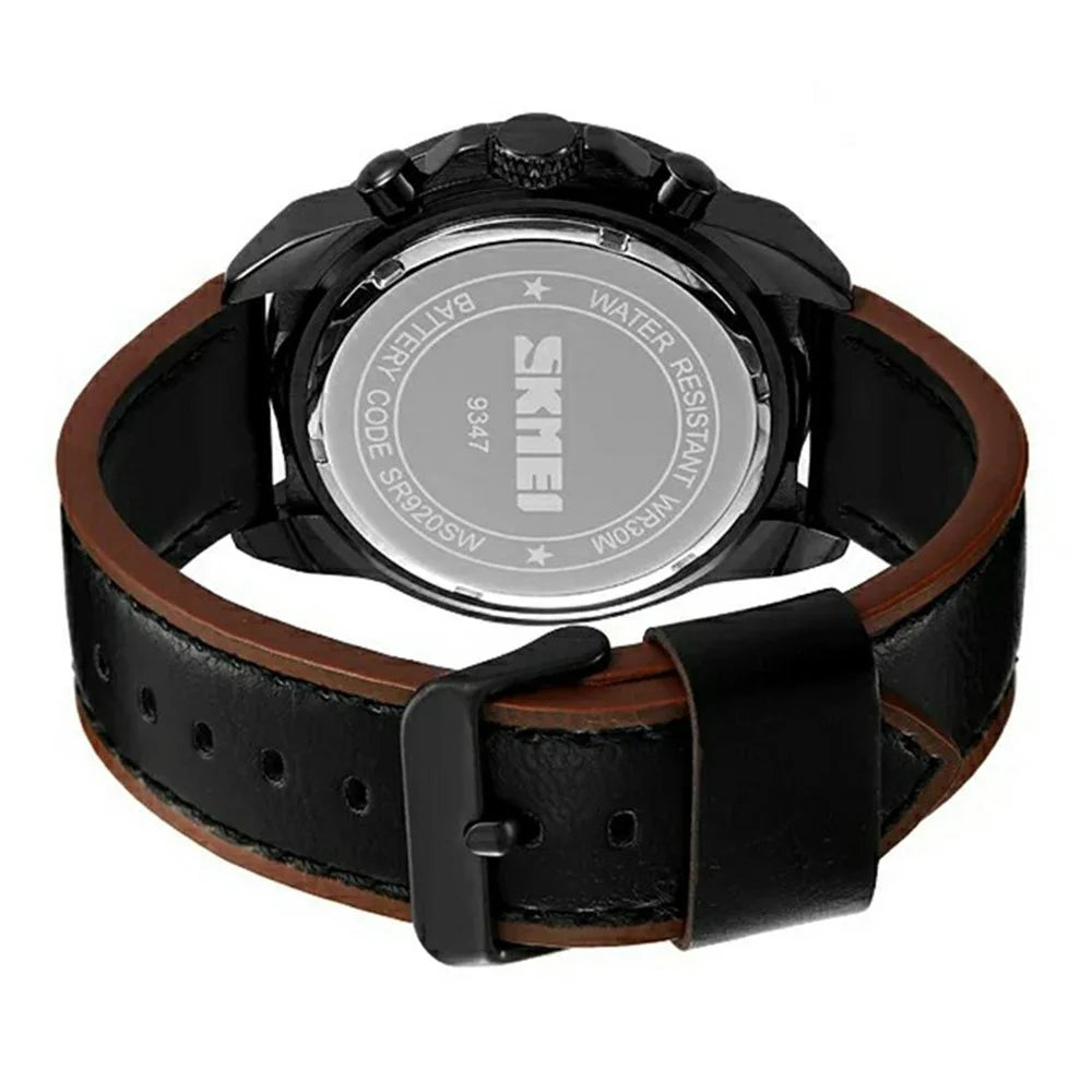 SKMEI 9347 Stylish Men Leather Strap Luminous Calendar Quartz Watch - Black Strap / Green Dial - 3