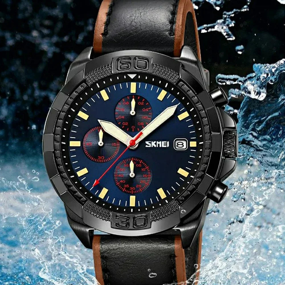 SKMEI 9347 Stylish Men Leather Strap Luminous Calendar Quartz Watch - Black Strap / Green Dial - 4
