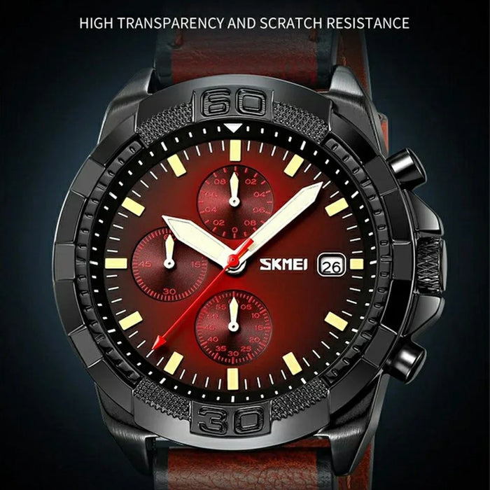 SKMEI 9347 Stylish Men Leather Strap Luminous Calendar Quartz Watch - Black Strap / Green Dial - 5