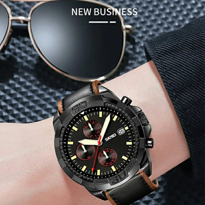 SKMEI 9347 Stylish Men Leather Strap Luminous Calendar Quartz Watch - Black Strap / Green Dial - 6