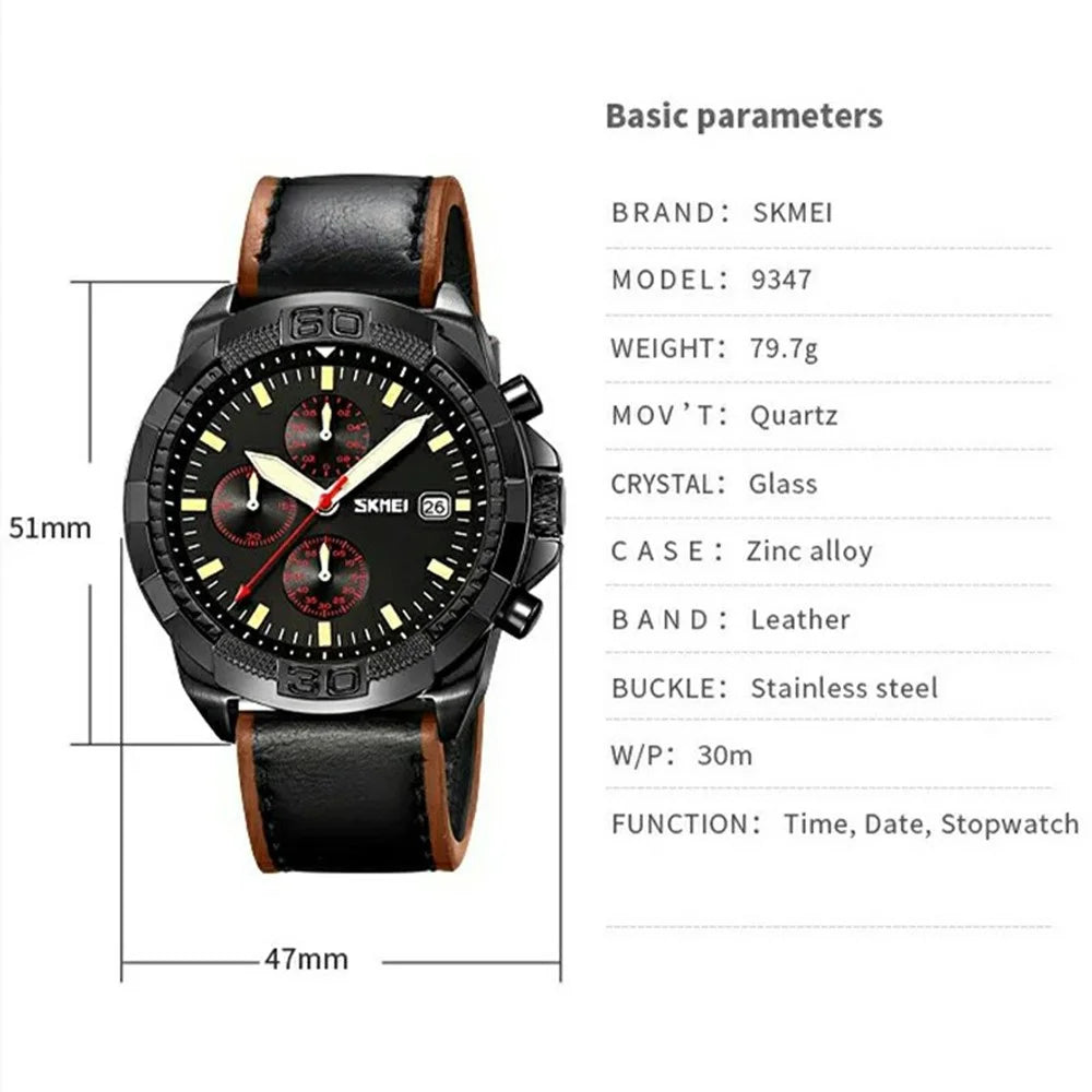 SKMEI 9347 Stylish Men Leather Strap Luminous Calendar Quartz Watch - Black Strap / Green Dial - 7