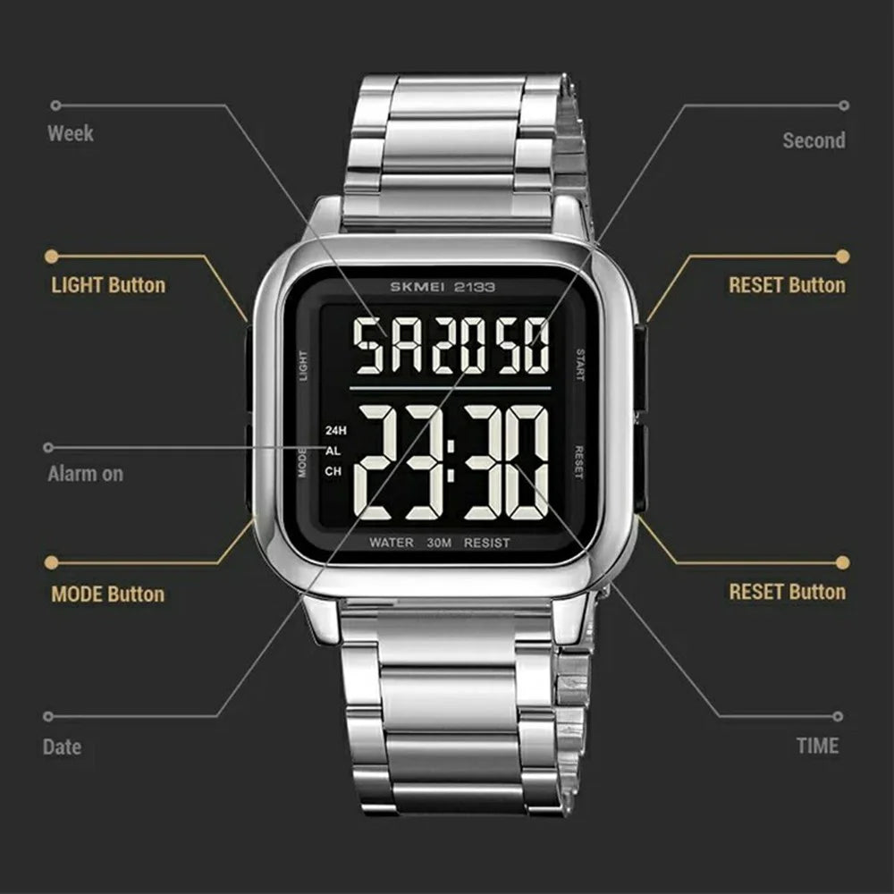 SKMEI 2133 Stylish Digital Watch Student Steel Strap Square Electronic Watch - Black - 2