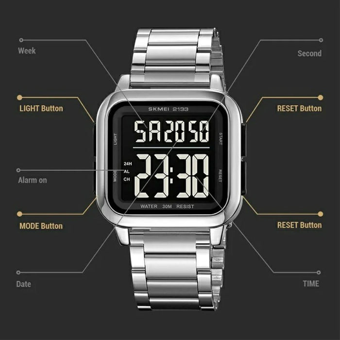 SKMEI 2133 Stylish Digital Watch Student Steel Strap Square Electronic Watch - Black - 2
