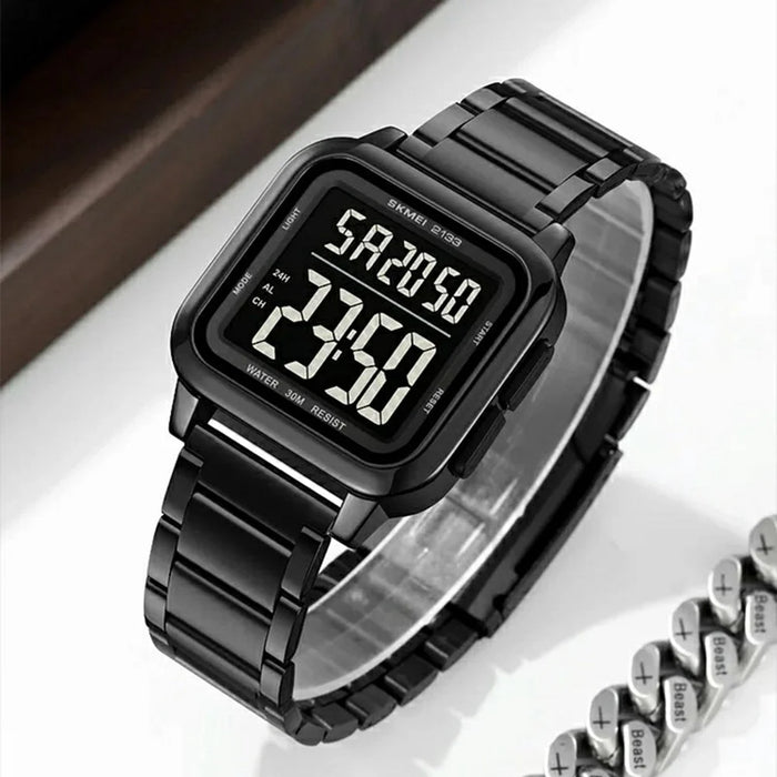SKMEI 2133 Stylish Digital Watch Student Steel Strap Square Electronic Watch - Black - 6