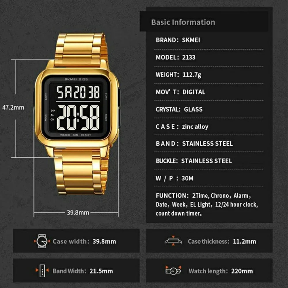 SKMEI 2133 Stylish Digital Watch Student Steel Strap Square Electronic Watch - Black - 7