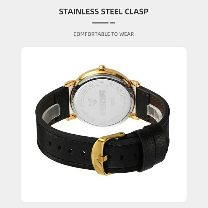 SKMEI 2308 Simple Stylish Leather Strap Round Quartz Watch - Gold - 2
