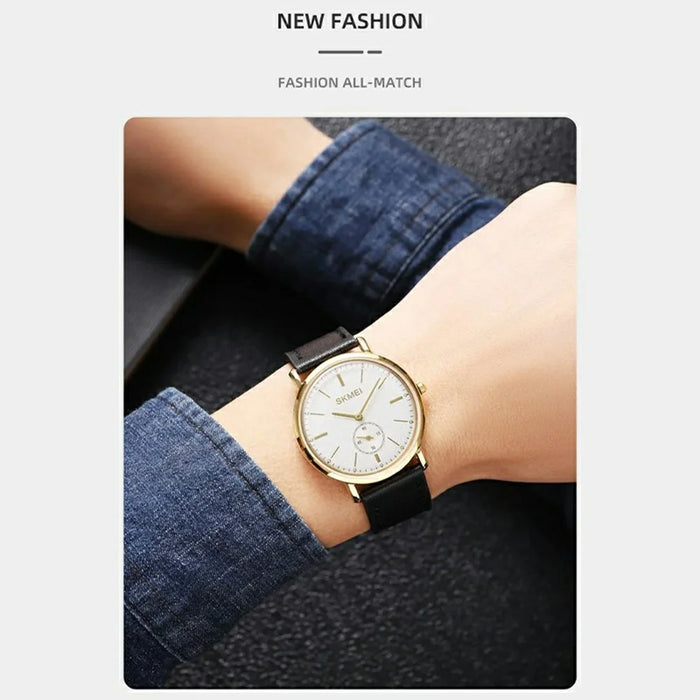 SKMEI 2308 Simple Stylish Leather Strap Round Quartz Watch - Gold - 3