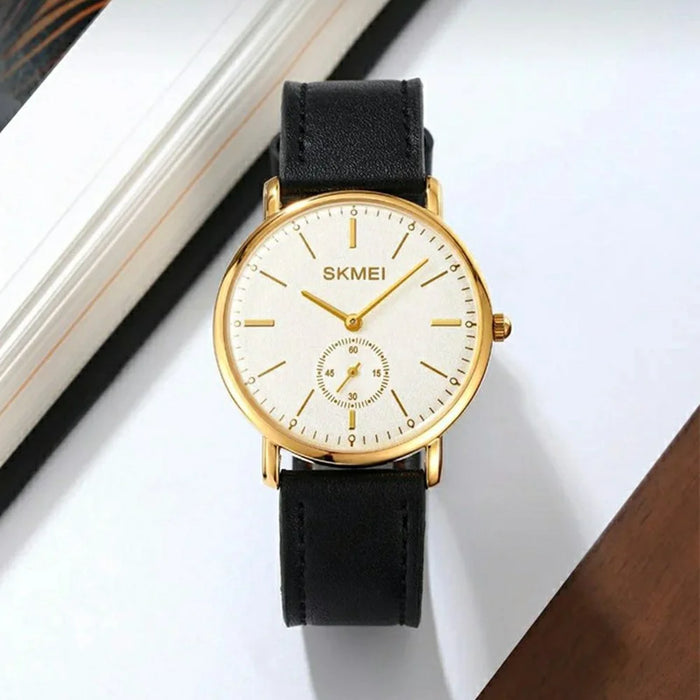 SKMEI 2308 Simple Stylish Leather Strap Round Quartz Watch - Gold - 5