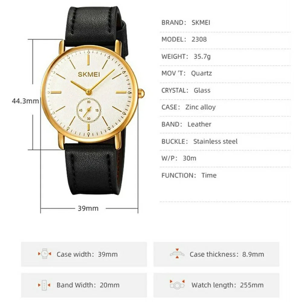 SKMEI 2308 Simple Stylish Leather Strap Round Quartz Watch - Gold - 6
