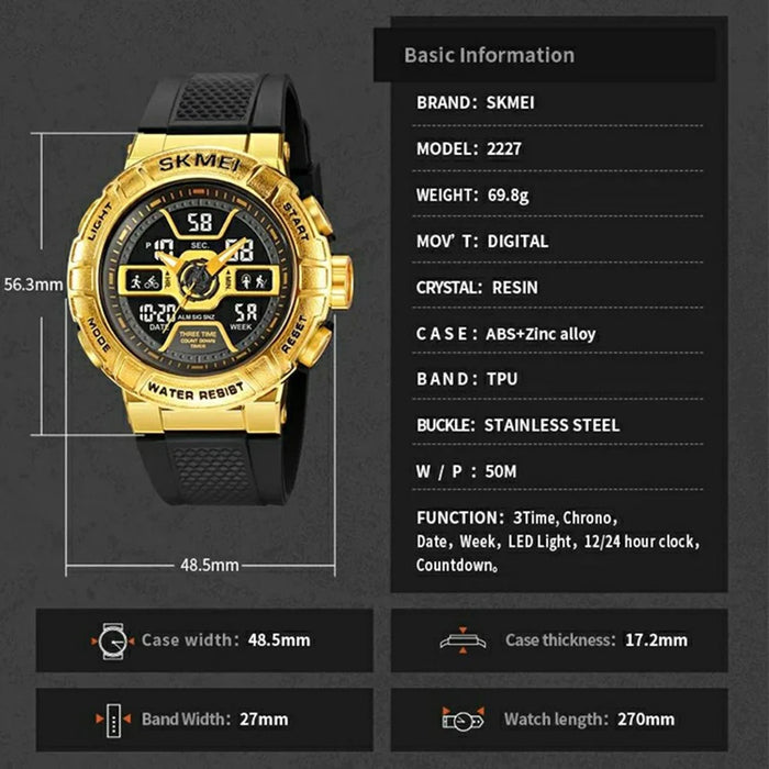 SKMEI 2227 Outdoor Sports Luminous Electronic Watch 50m Waterproof Calendar Stopwatch - Black - 7
