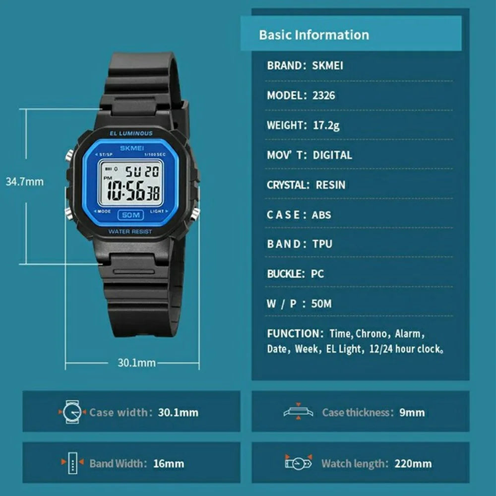 SKMEI 2326 Digital Electronic Watch For Students Square LED Display 50M Water Resistant - White - 7
