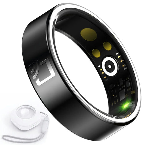 R20 Ceramic+Resin Sleep Heart Rate Health Monitoring Smart Ring with Charging Case - Black / Size 7 - 1