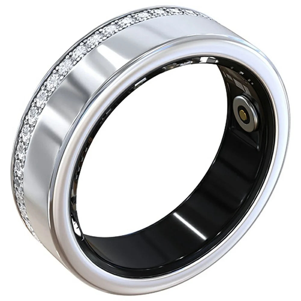 V8 Rhinestone Decor Sleep Heart Rate Health Monitoring Smart Ring, Magnetic Cable Charging - Silver / Size 7 - 1