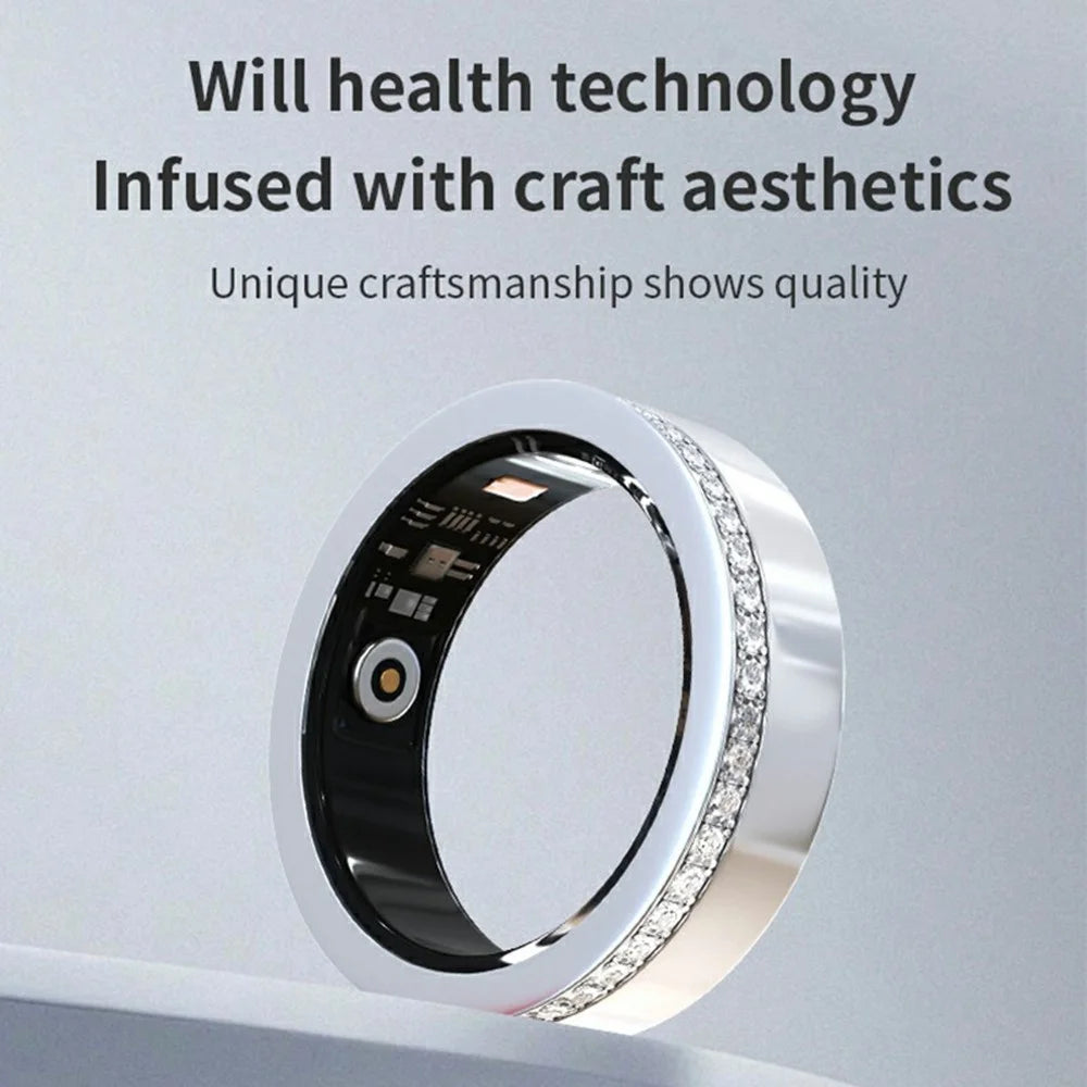 V8 Rhinestone Decor Sleep Heart Rate Health Monitoring Smart Ring, Magnetic Cable Charging - Silver / Size 7 - 3