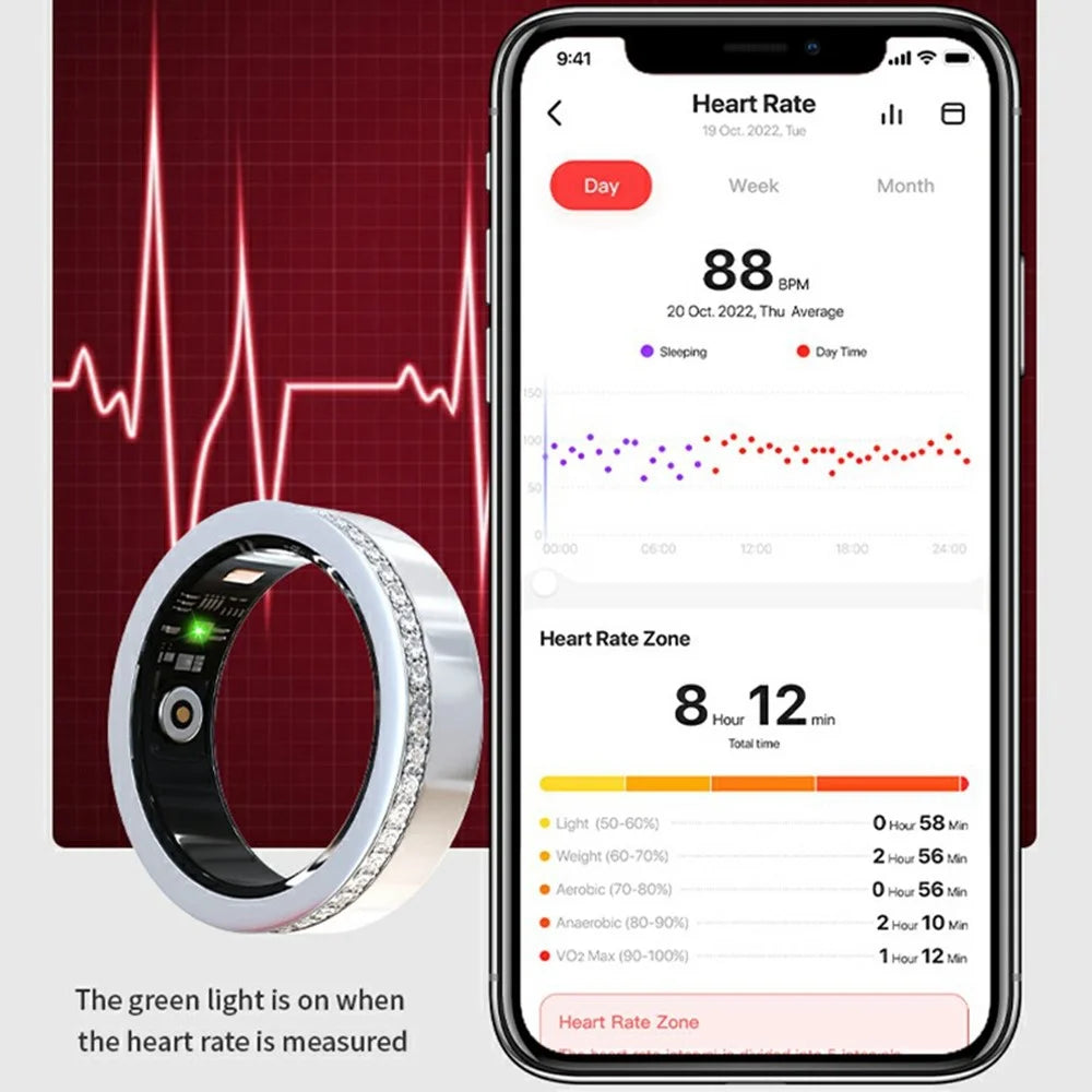 V8 Rhinestone Decor Sleep Heart Rate Health Monitoring Smart Ring, Magnetic Cable Charging - Silver / Size 7 - 6