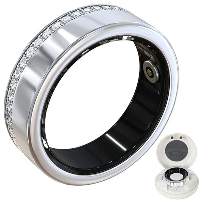 V8 Rhinestone Decor Sleep Heart Rate Health Monitoring Smart Ring with Charging Case - Silver / Size 7 - 1