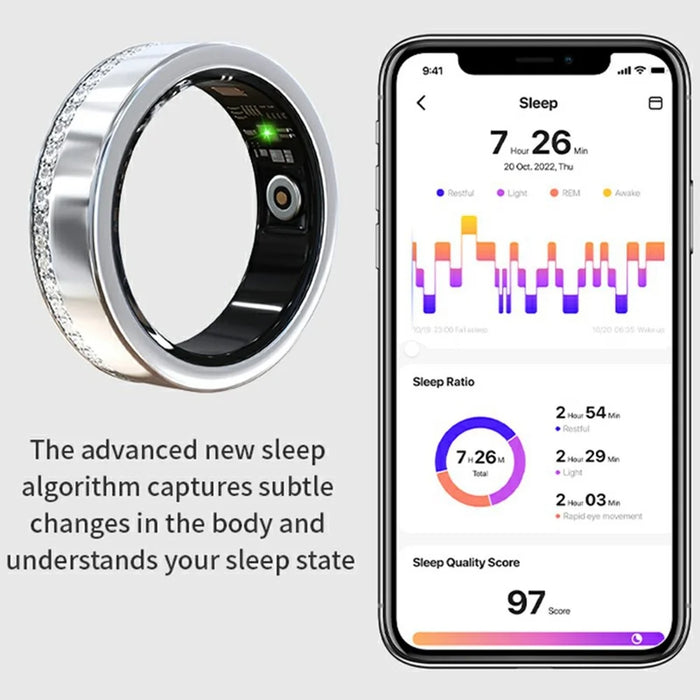 V8 Rhinestone Decor Sleep Heart Rate Health Monitoring Smart Ring with Charging Case - Silver / Size 7 - 5