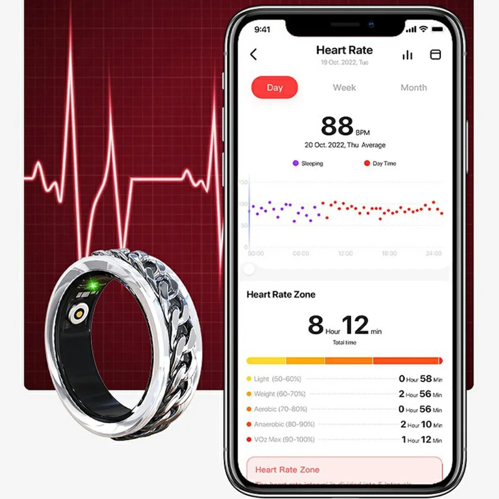 V5 Rotation Decompression Health Monitoring Multi-function Smart Ring, Magnetic Cable Charging - Black / Size 12 - 6