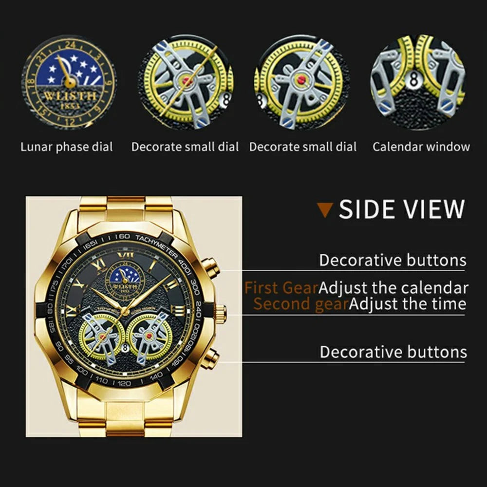 WLISTH 6189 Stylish Business Wrist Watch Steel Band Luminous Quartz Watch - Black+Rose Gold Dial / Black Strap - 5