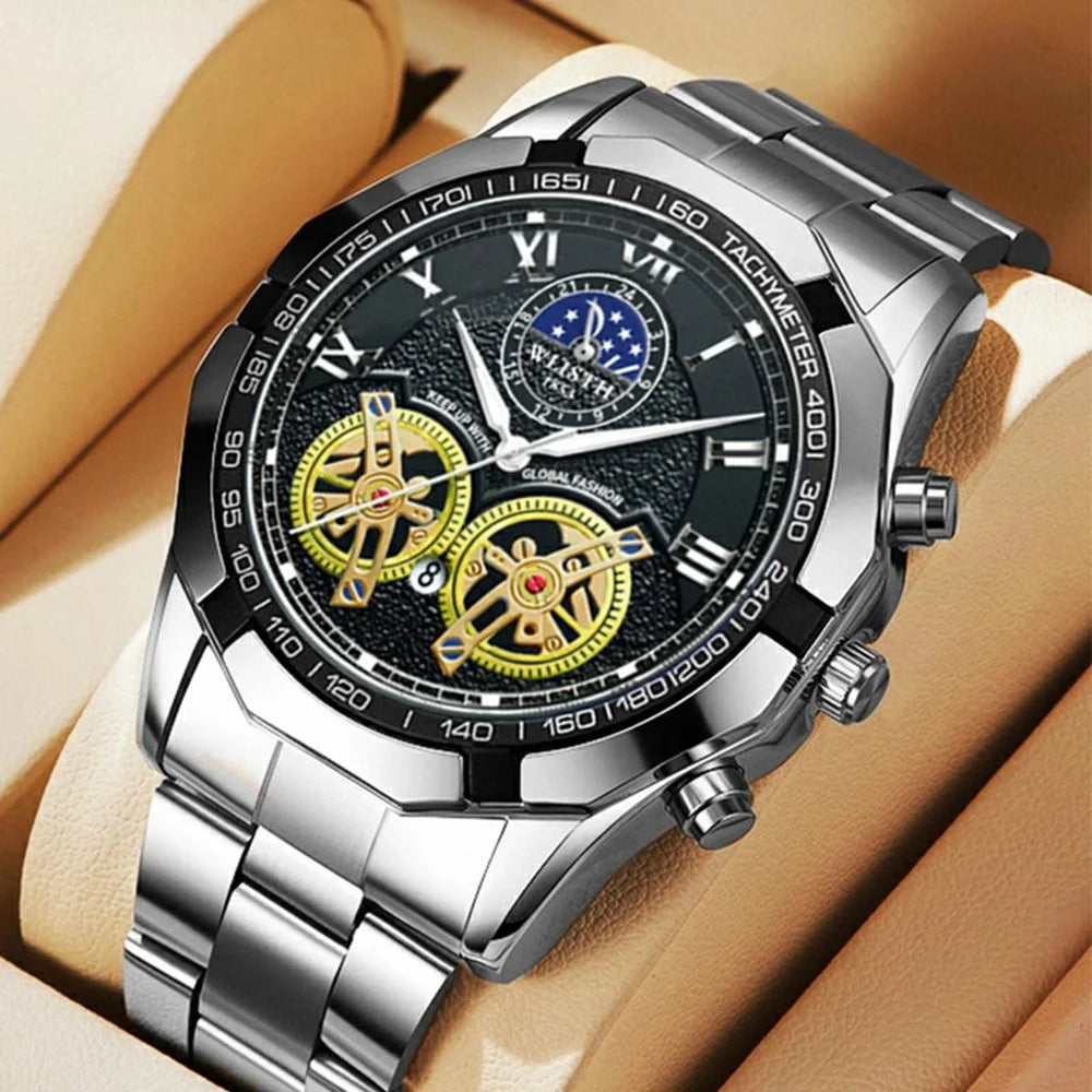 WLISTH 6189 Stylish Business Wrist Watch Steel Band Luminous Quartz Watch - Black+Rose Gold Dial / Black Strap - 6