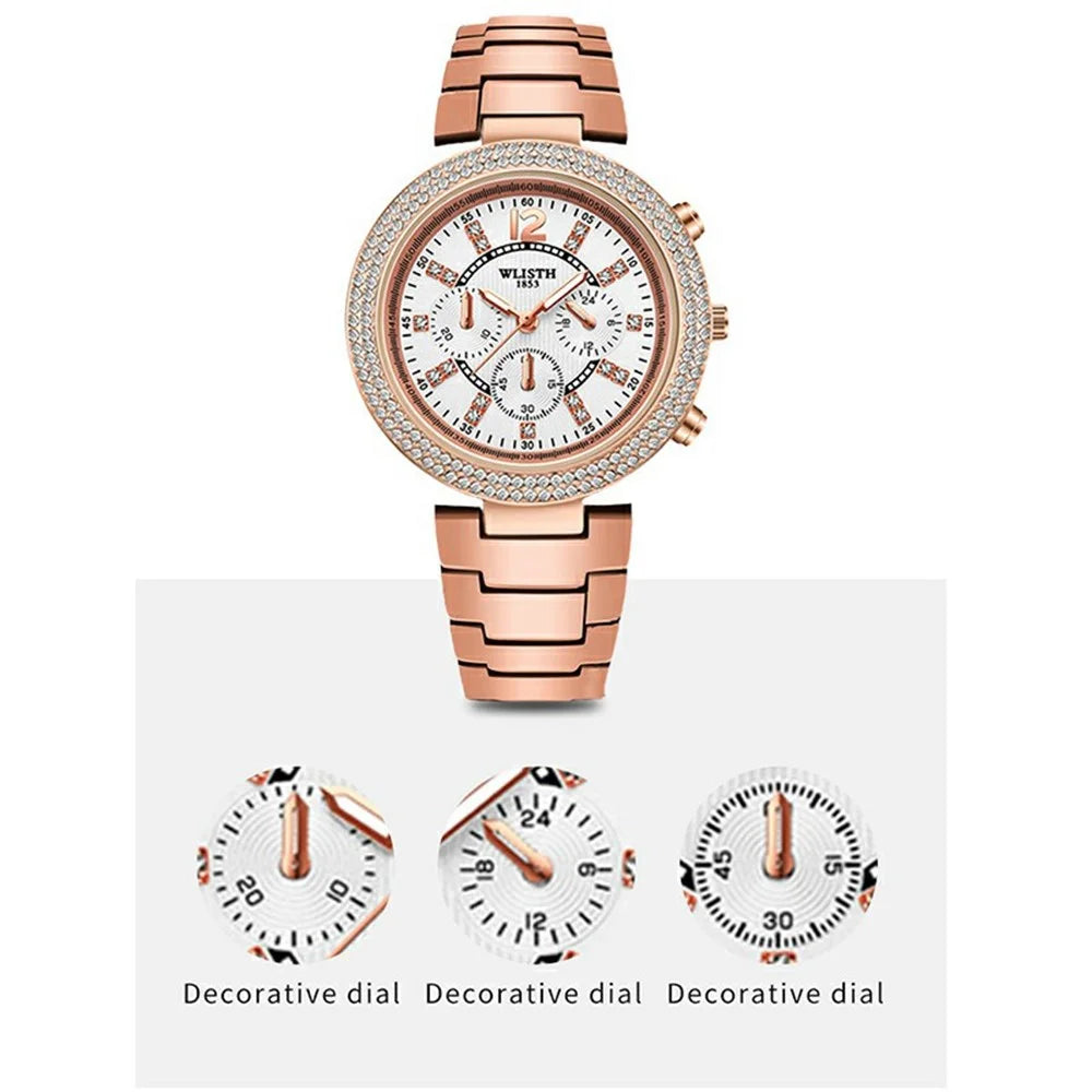 WLISTH 6197 Rhinestone Decor Women Quartz Watch Luminous Round Wrist Watch - Rose Gold Dial - 5